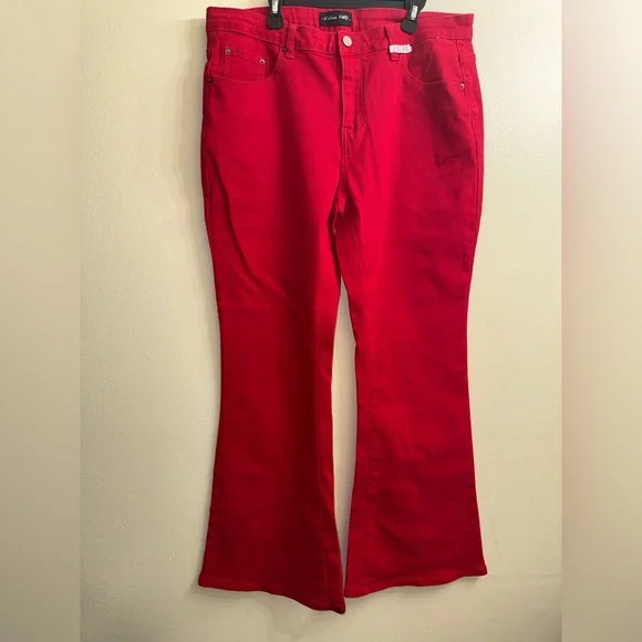 Vintage Pants Red Bootcut Stretch Jeans Womens XL High Rise Flare - Picture 9 of 10
